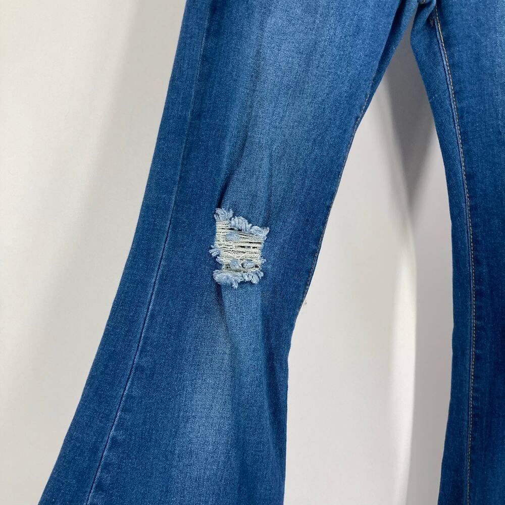 Aaron & Amber Elastic Waist Bell Bottom Dark Wash Distressed Jeans Western 24 - Picture 4 of 14